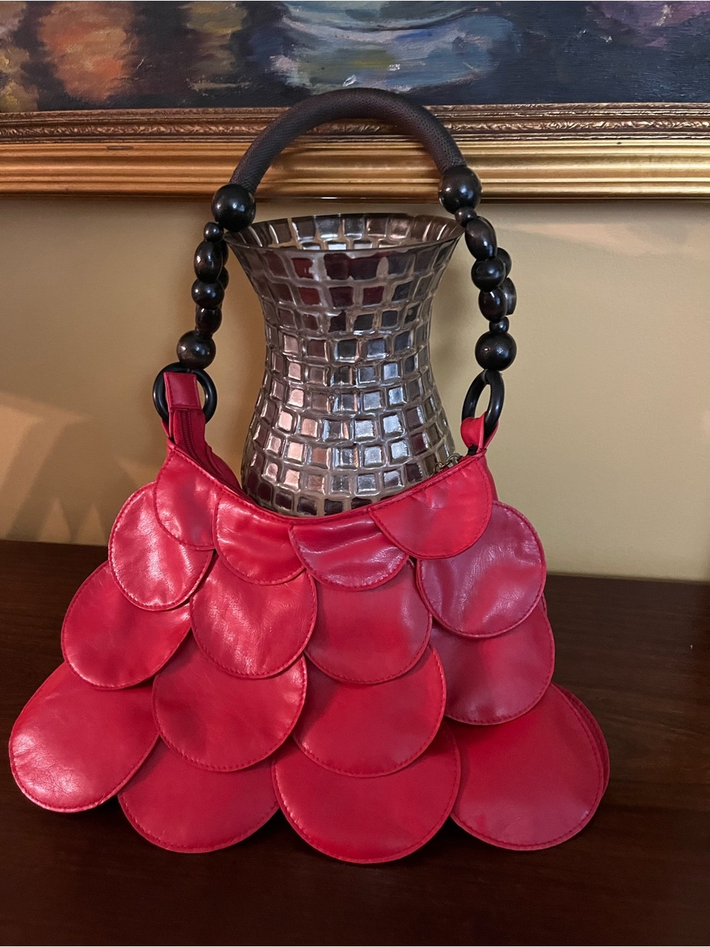 Red Fish Scale Shoulder Bag with Beaded Handle clean interior and corners